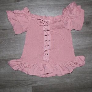 Kiss Pink Lace-Up Ruffled Blouse